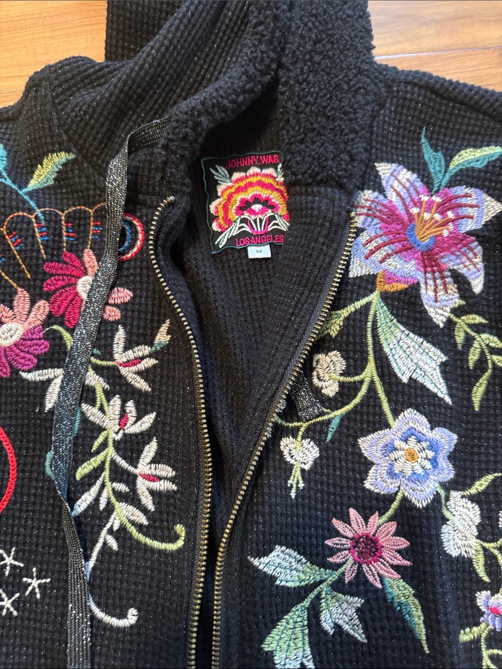 Johnny Was Black Embroidered Floral Bomber Jacket